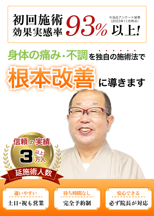 初回施術の効果実感率93%以上、身体の痛み・不調を独自の施術法で根本改善に導く整体施術とカイロプラクティックの紹介画像。信頼の実績3万人以上の院長が対応、土日・祝日も営業し、完全予約制で待ち時間なし。