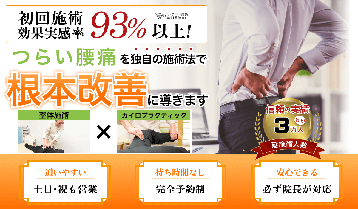 初回施術効果実感率93%以上！つらい腰痛を独自の施術法で根本改善に導きます。整体施術とカイロプラクティックを組み合わせた治療法を紹介する広告バナー。信頼の実績3万人以上。