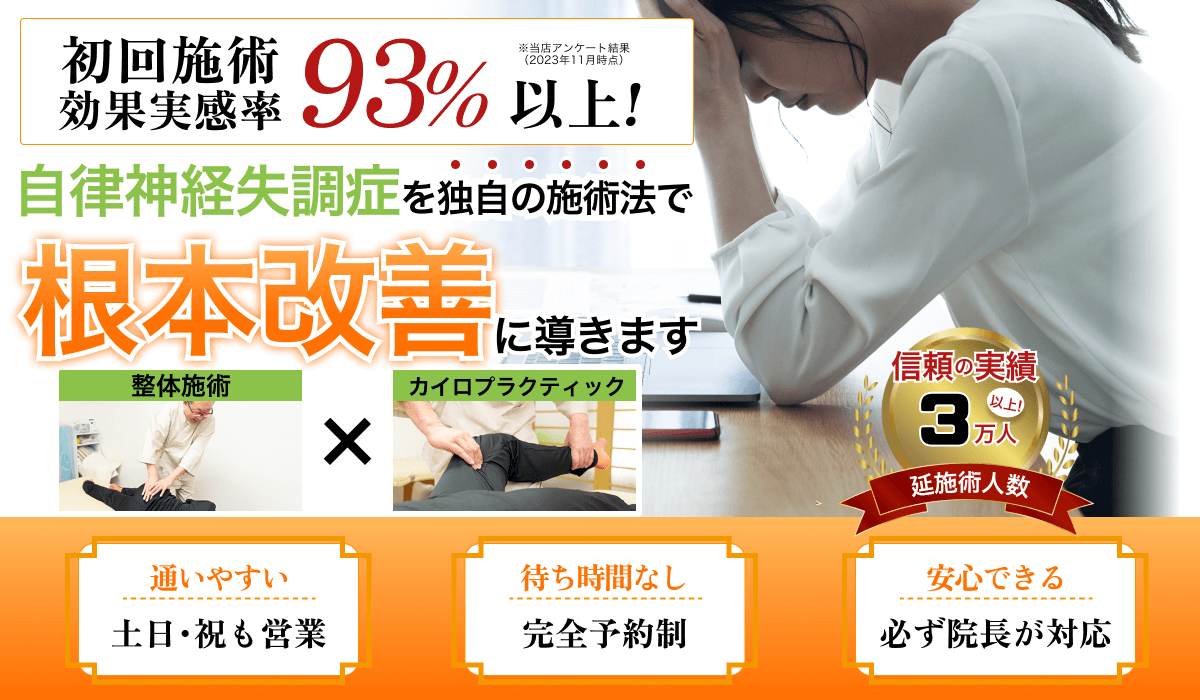 初回施術効果実感率93%以上！自律神経失調症を独自の施術法で根本改善に導きます。整体施術とカイロプラクティックを組み合わせた治療法を紹介する広告バナー。信頼の実績3万人以上。