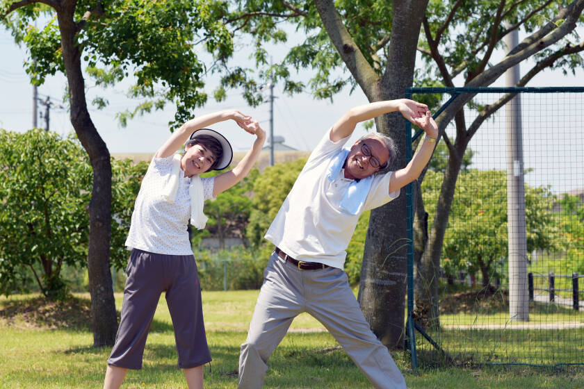 公園でストレッチをする高齢の男女