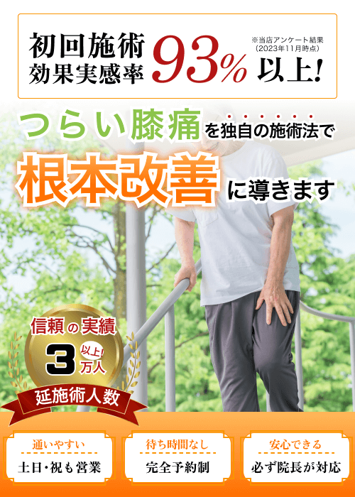 初回施術効果実感率93%以上！つらい膝痛を独自の施術法で根本改善に導きます。整体施術とカイロプラクティックを組み合わせた治療法を紹介する広告バナー。信頼の実績3万人以上。